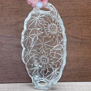 Vtg Retro Sunflower Floral Clear Glass Candy Dish Relish Condiment Jewelry Keys